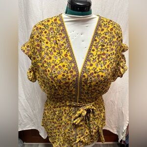 Max Studio Yellow Floral V-Neck Tie-Waist Blouse